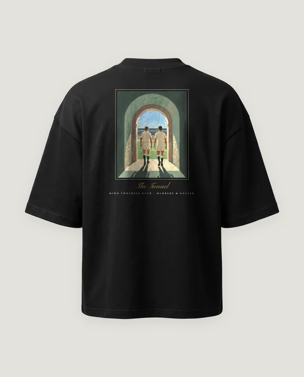 The Tunnel Tee, back view: the painted print.