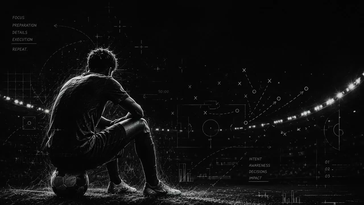 MIDO XI: a footballer sitting on the ball under floodlights, drawn over a tactics board